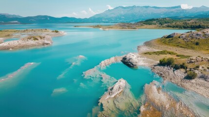 Aerial view capturing the vibrant turquoise waters of Lake General Carrera with rocky shores and majestic mountains in the distance