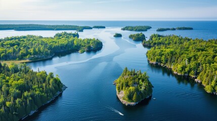 A beautiful lake with a boat in the water. The lake is surrounded by trees and islands. The sky is clear and blue