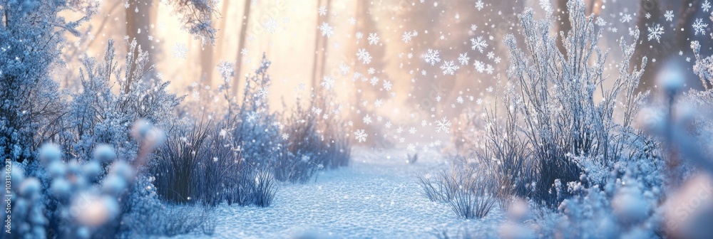 Poster a serene winter scene with a snow-covered path surrounded by frosted trees and gentle sunlight filte