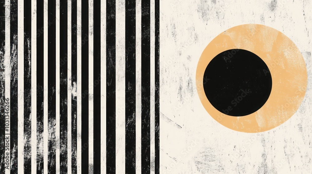 Aufkleber abstract art with black and white vertical stripes and a black circle in a peach circle on a white b