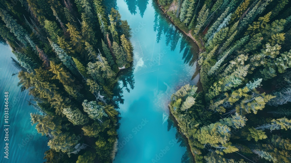 Poster a beautiful blue river with trees on both sides. the water is calm and peaceful. the trees are lush 