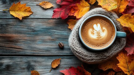 Cozy coffee cup surrounded by colorful autumn leaves.
