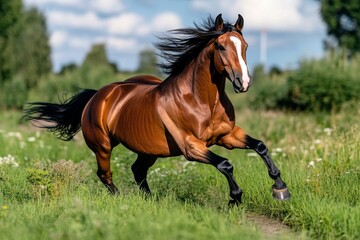Wild horses running through a grassy field, captured with motion blur for a sense of freedom