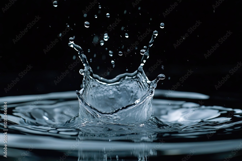 Poster a single water droplet splashing into a dark surface, creating a crown-like splash and ripples