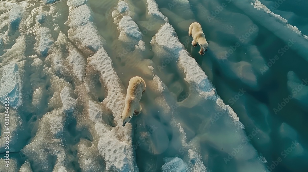 Poster two polar bears are walking on top of ice. the ice is covered in snow and the bears are looking for 