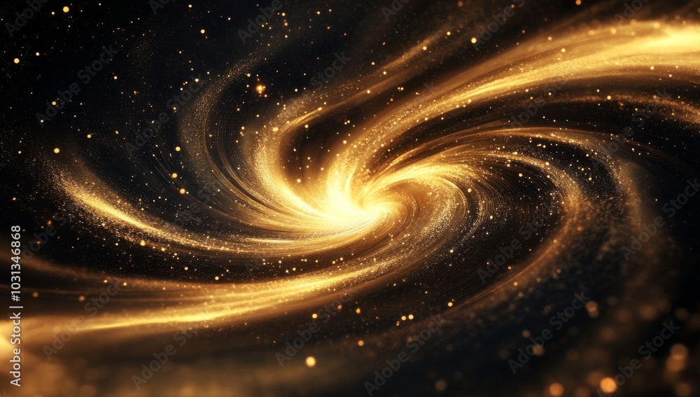 Poster abstract golden swirl with a black background and sparkling particles.