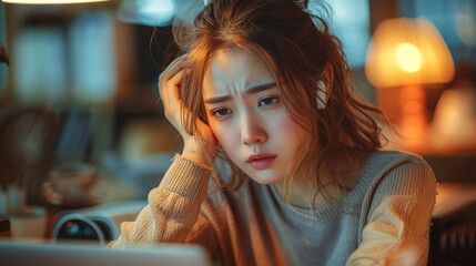 A young woman looks stressed while working on a laptop in a cozy indoor setting.