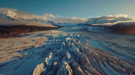 Aerial view of glacial fields in Patagonia revealing vast ice formations under soft sunlight