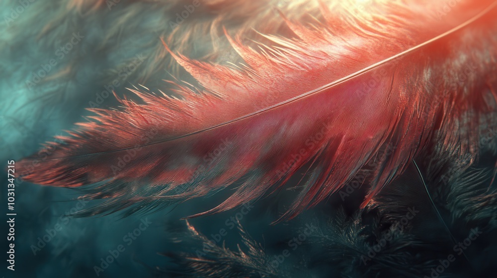 Leinwandbilder a feather is shown in a blurry, abstract style. the feather is red and he is floating in the air. th