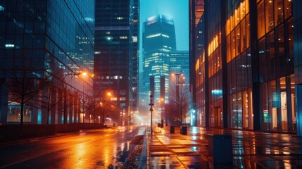 Naklejka premium A city street at night with tall buildings and a foggy atmosphere. The street is wet and the lights from the buildings create a warm and inviting ambiance