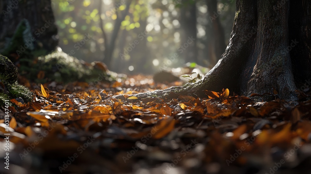 Aufkleber A tree trunk is surrounded by fallen leaves. The leaves are scattered around the trunk, creating a natural and peaceful atmosphere