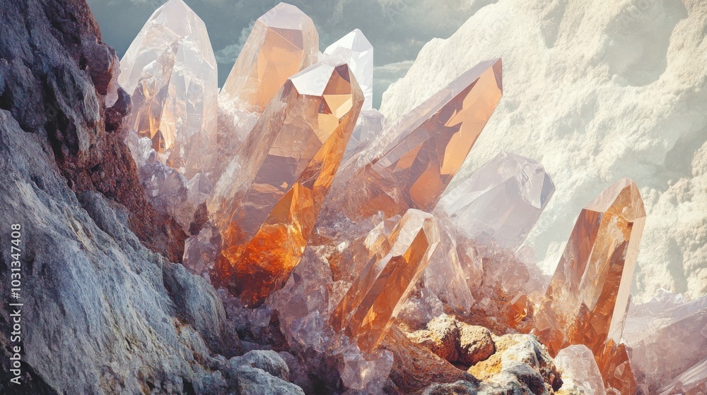 Poster a collection of crystals are scattered on a rocky surface. the crystals are of various sizes and col