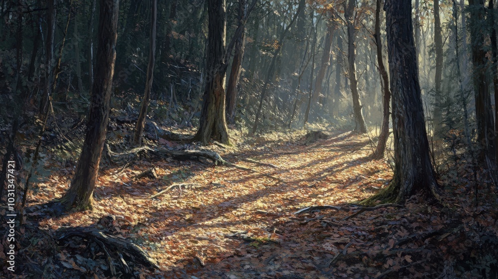Poster A painting of a forest with a path in the middle. The path is surrounded by trees and the sunlight is shining through the leaves. The mood of the painting is peaceful and serene