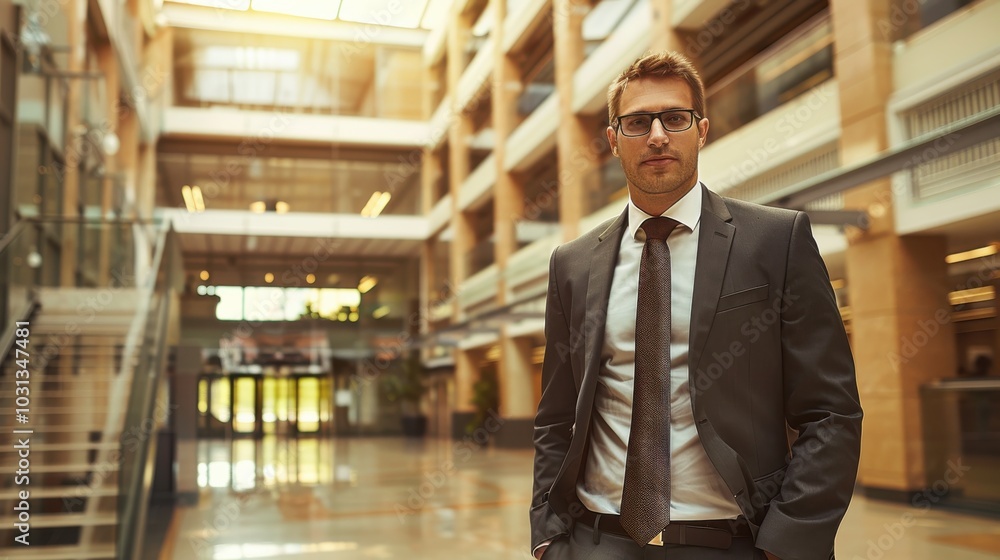 Poster corporate worker stands confidently in a modern office atrium during the daytime in a collaborative 