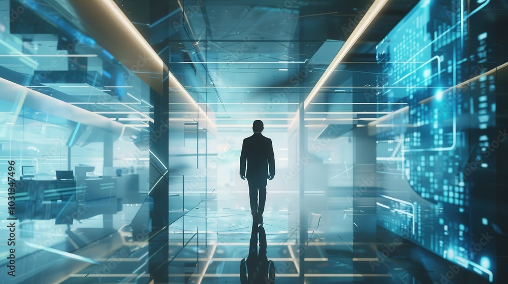 Poster a corporate office worker walks through a high-tech corridor filled with digital displays during a b