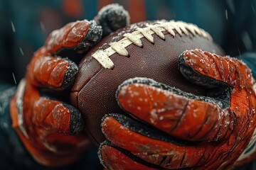 Fototapeta premium American Football in Gloved Hands Covered in Snow.