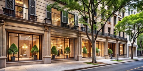 Luxury shop exterior on a tree-lined street in Upper East Side Manhattan, luxury, upscale, high end, boutique