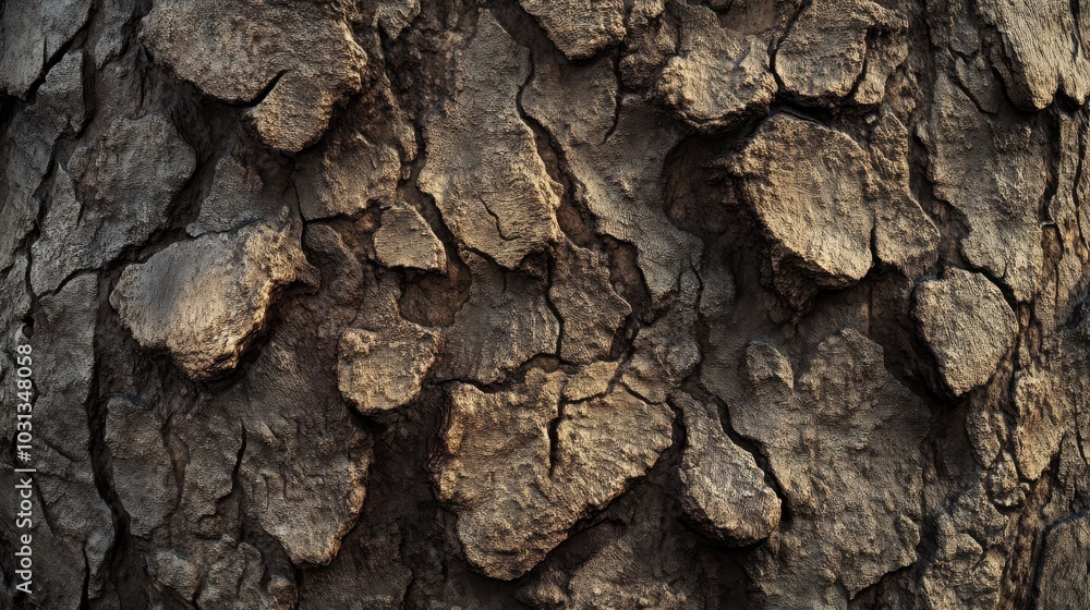 Poster a tree trunk with a rough, cracked surface. the texture of the bark is uneven and jagged, giving the