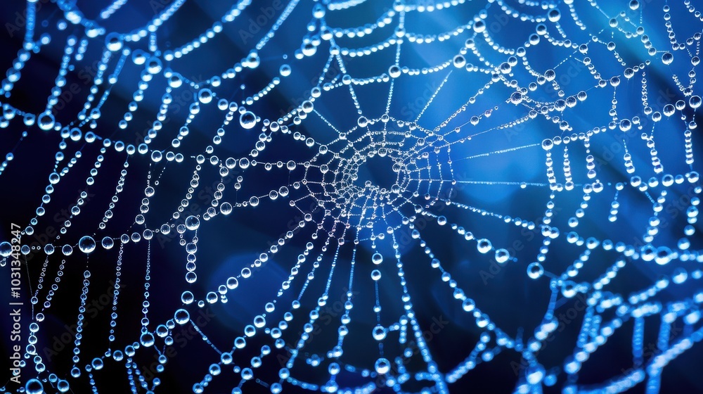 Poster a spider web with many drops of water on it. the web is blue and the water droplets are clear