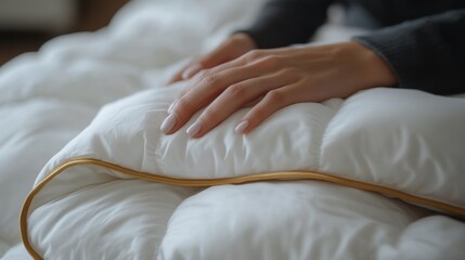 Obraz premium Close-up of well-groomed ladies' hands holding a luxurious down duvet with elegant gold piping on the corner, high-quality sleep experience.