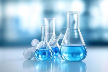 A collection of glass laboratory flasks filled with blue liquid, ideal for scientific, educational, and medical themes.