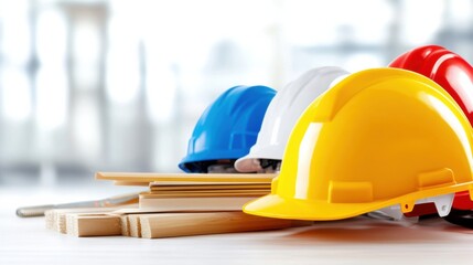 A collection of colorful hard hats and wooden planks, representing construction safety and teamwork in a modern workspace.