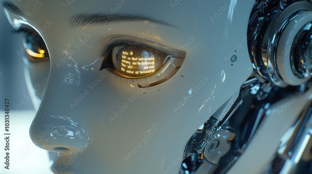 Leinwandbilder close-up of a contemplative robot face reflecting the three laws of robotics in its eyes