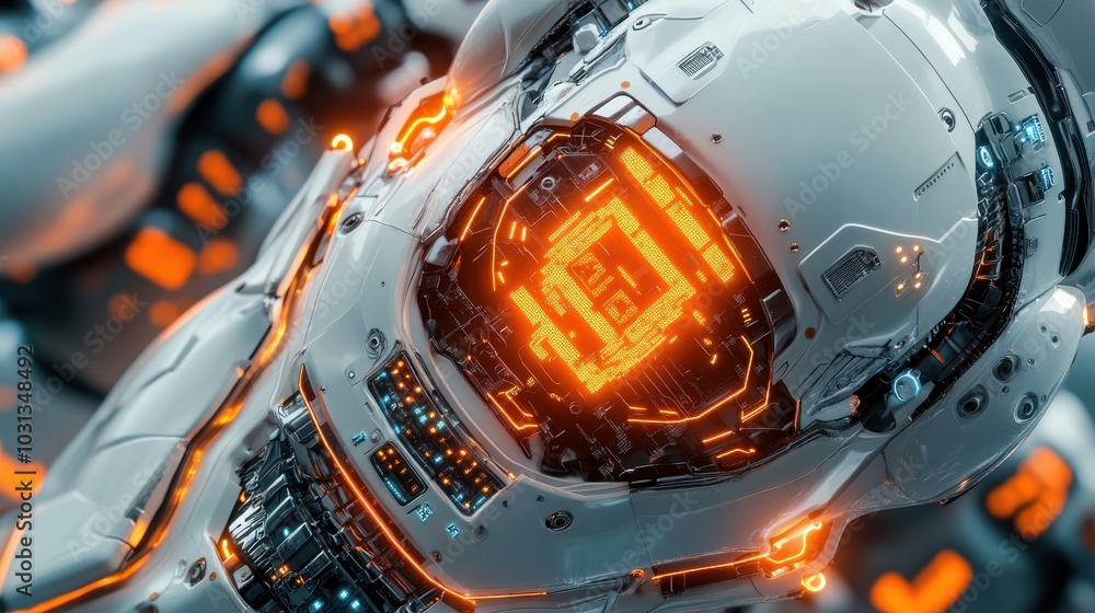 Poster intricate close-up of a robot's internal circuitry featuring the three rules of robotics with a futu
