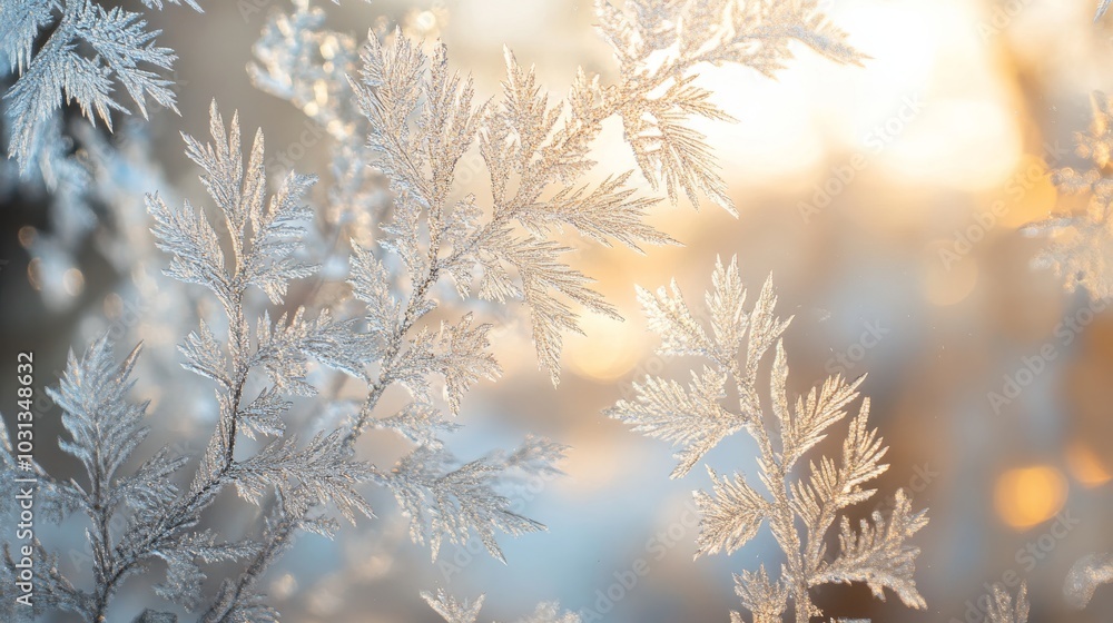Poster the image features delicate frost patterns on branches, illuminated by soft sunlight, creating a ser