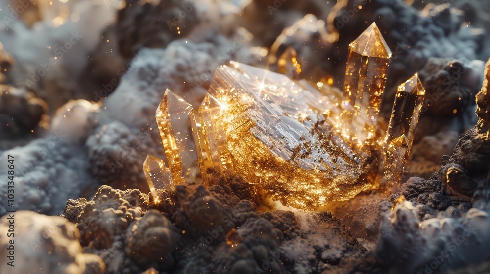 Aufkleber a close up of a crystal formation with a golden hue. the crystals are scattered throughout the image