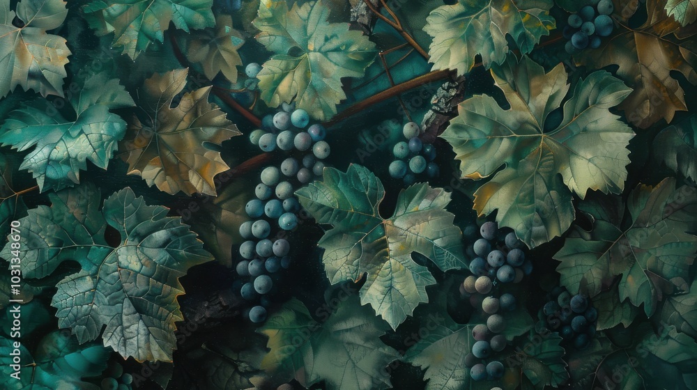 Poster a painting of a vine with green leaves and grapes. the grapes are clustered together and the leaves 