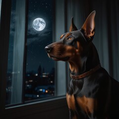 A black and tan Doberman Pinscher dog looks out of a window at the full moon and a city skyline at night.