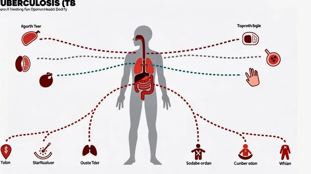 An infographic about the spread of tuberculosis (TB), including transmission routes, affected organs, and symptoms.