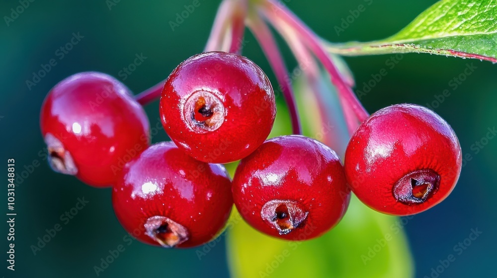 Poster a cluster of red berries with a green leaf in the background