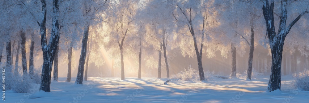 Poster a serene winter landscape with frosted trees and soft sunlight filtering through, creating a magical