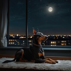 A Doberman Pinscher dog looking out a window at the full moon and a city skyline at night.