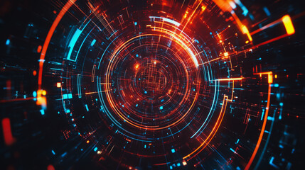 Obraz premium Abstract black background with Colorful circle lines. Digital future technology . Abstract business connection of lines from nodes innovation of communication in the network.