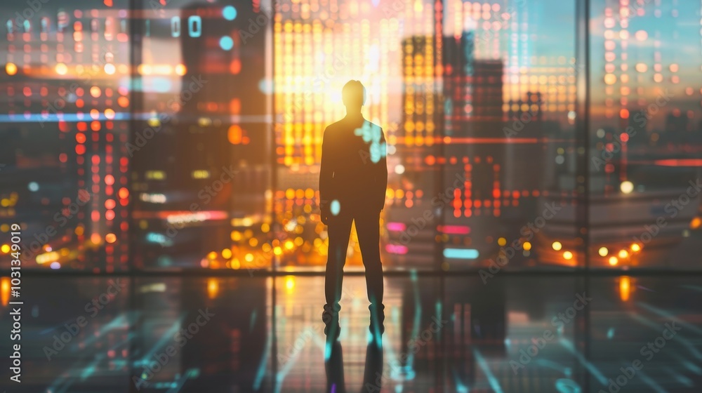 Poster a man stands in front of a window looking out at the city. the image is a digital rendering of a cit
