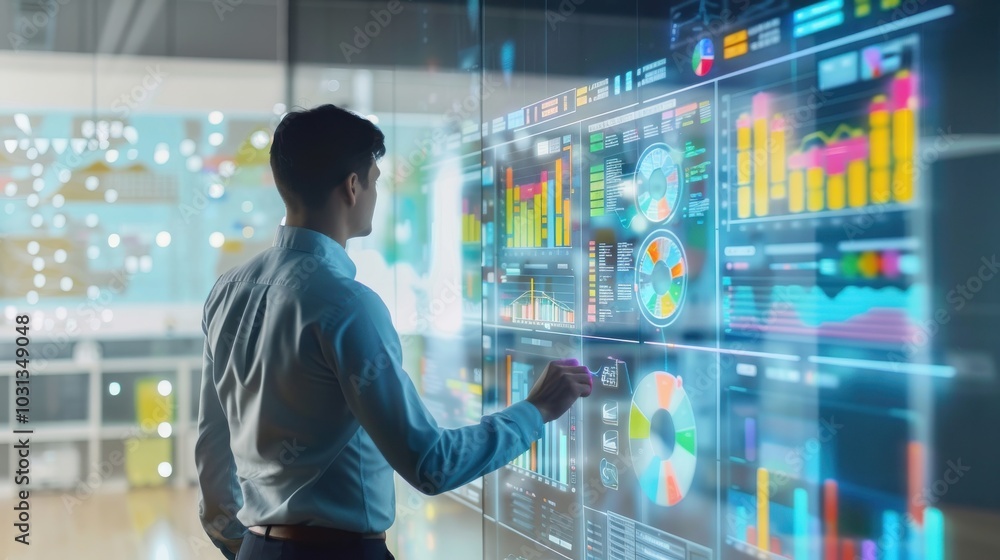 Leinwandbilder A man is pointing at a computer screen with a lot of numbers and graphs. He is wearing a blue shirt and a tie