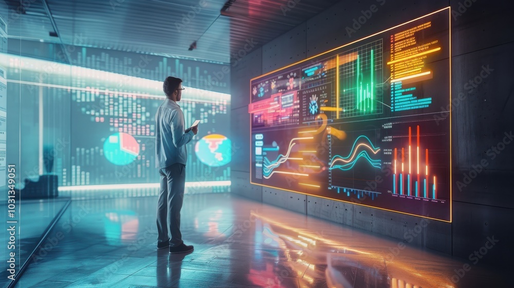 Poster a man is looking at a large screen with many graphs and numbers. he is holding a cell phone in his h