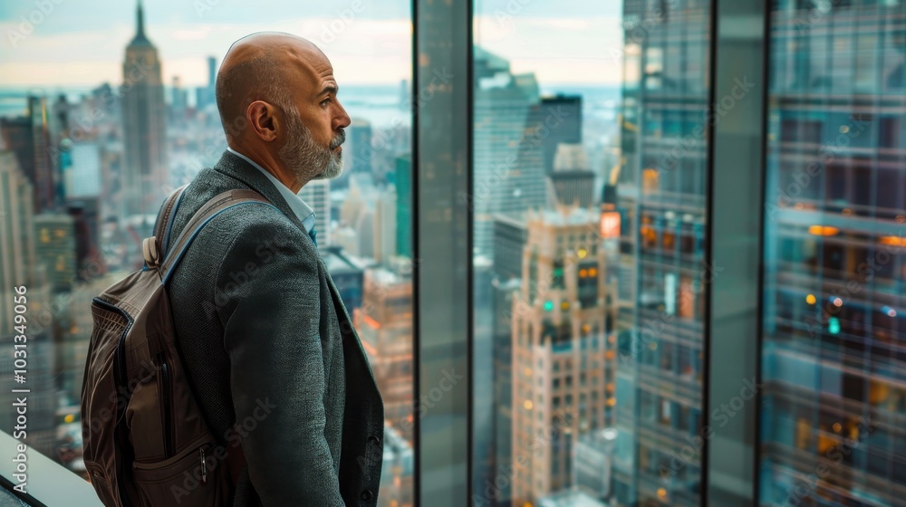Poster A man wearing a gray jacket and a backpack is looking out of a window at the city. Concept of loneliness and contemplation, as the man stands alone in the bustling city