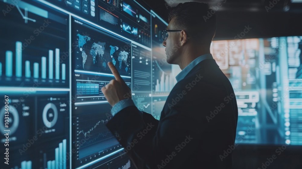 Poster a man in a suit is pointing at a computer screen with a finger. the screen displays a variety of gra