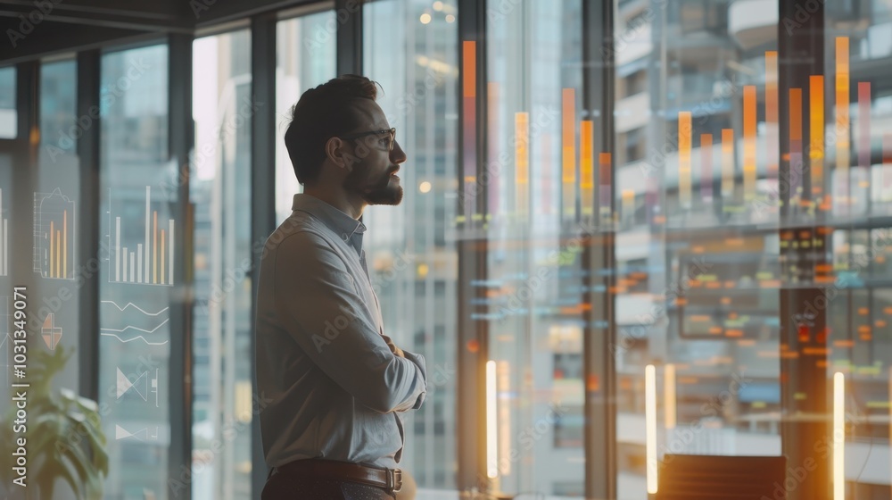 Leinwandbilder a man in a gray shirt is standing in front of a window with a city view. he is looking at a projecti