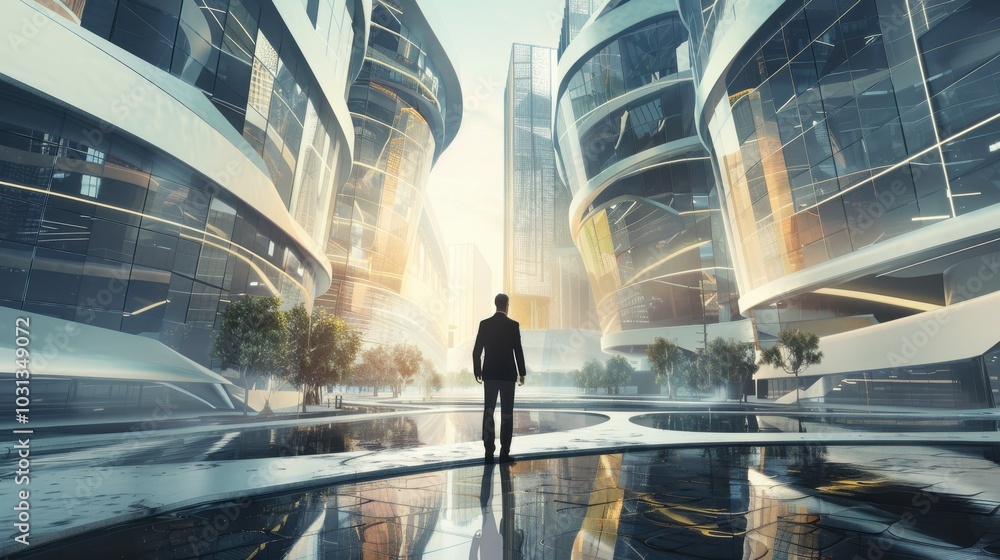 Aufkleber a man is walking in front of a tall building in a city. the image has a futuristic feel to it, with 
