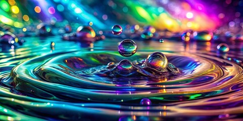Obraz premium A symphony of iridescent hues reflected in a water drop's dance, captivating the senses with a shimmering display of vibrant energy.