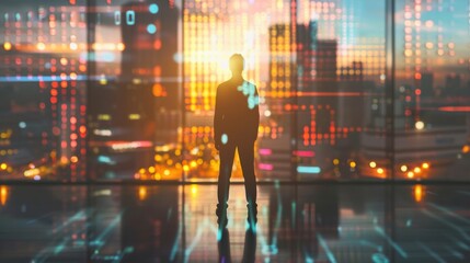 A man stands in front of a window looking out at the city. The image is a digital rendering of a cityscape with a man standing in the foreground