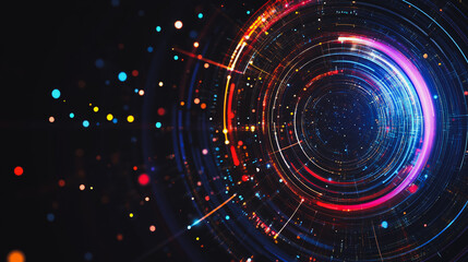 Obraz premium Abstract black background with Colorful circle lines. Digital future technology . Abstract business connection of lines from nodes innovation of communication in the network.