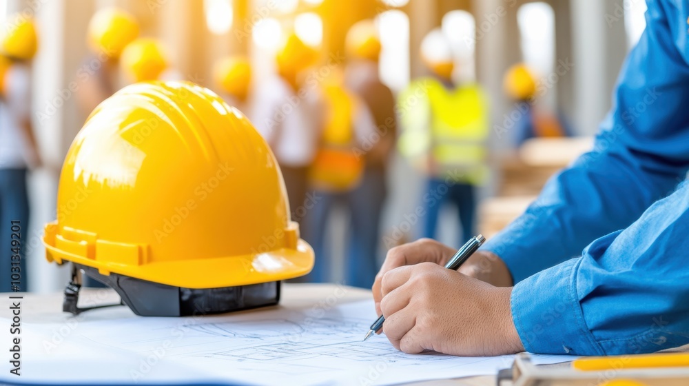 Wall mural a construction worker reviewing blueprints with a yellow hard hat in a busy site, symbolizing safety