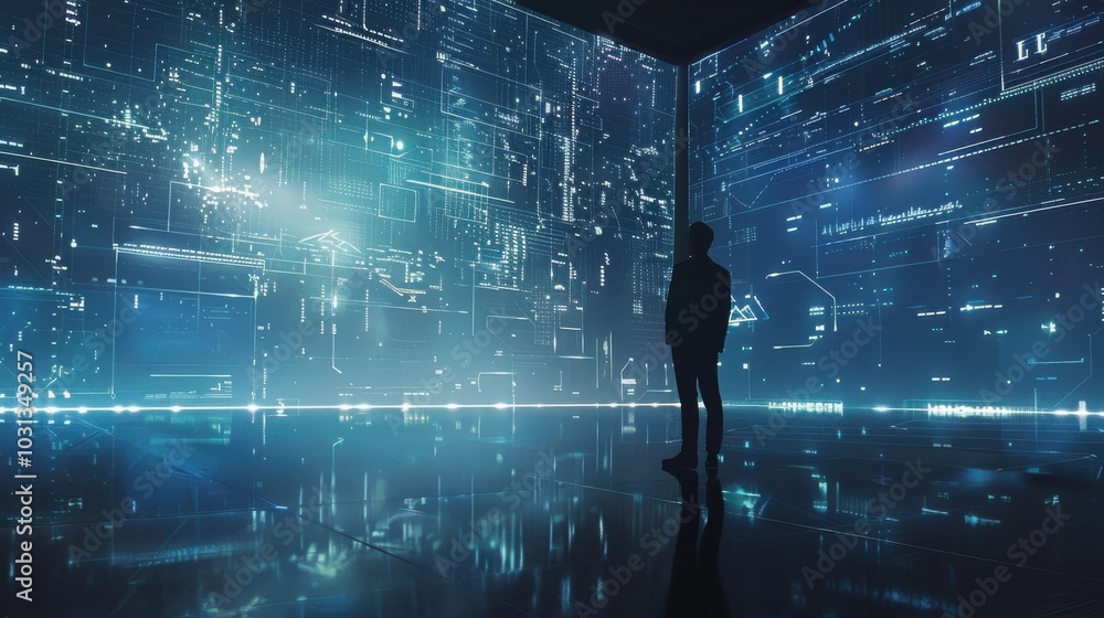 Leinwandbilder a man stands in front of a large screen with a blue background. the man is looking at the screen, an