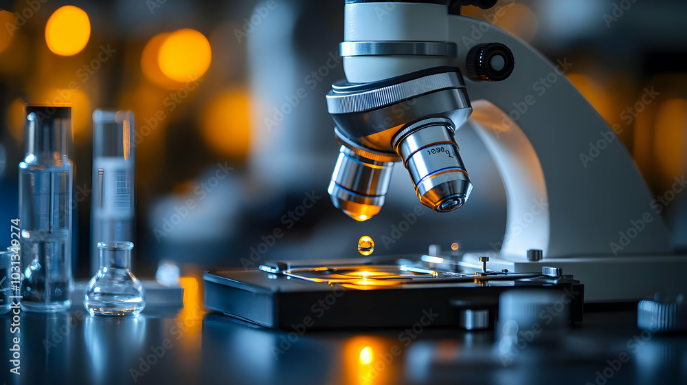 Poster close-up of a microscope with a droplet on the slide.